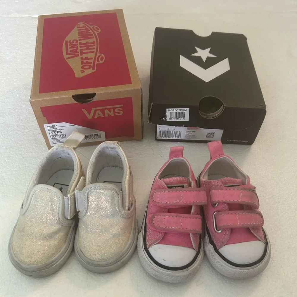 Converse and vans girls shoe bundle pink white glitter sneakers size 2 & 2.5